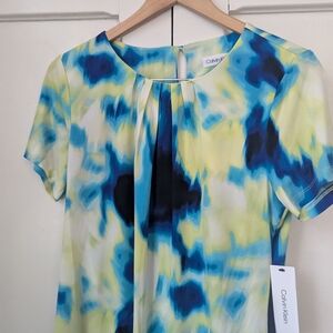 Calvin Klein Pleated Short Sleeve Blouse in Yellow and Blue